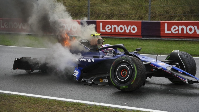 Williams driver Logan Sargeant of the US sits in his car after a crash during the third free practice ahead of the Formula One Dutch Grand Prix race at the Zandvoort racetrack, Netherlands, Saturday, Aug. 24, 2024. (AP Photo/Peter Dejong)