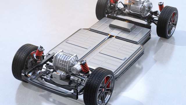 Electric Vehicle's chassis with dual motors and battery system on the ground. 3D rendering image.