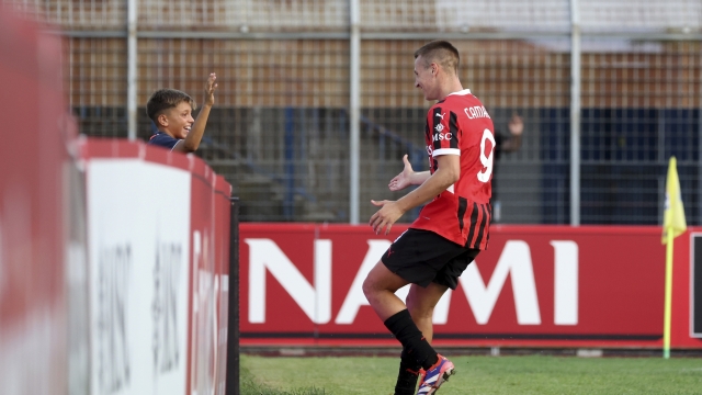 BUSTO ARSIZIO, ITALY - SEPTEMBER 01: Francesco Camarda of Milan Futuro celebrates after scoring the his team's first goal during the Serie C match between Milan Futuro and Carpi at Stadio Carlo Speroni on September 01, 2024 in Busto Arsizio, Italy.  (Photo by Giuseppe Cottini/AC Milan via Getty Images)