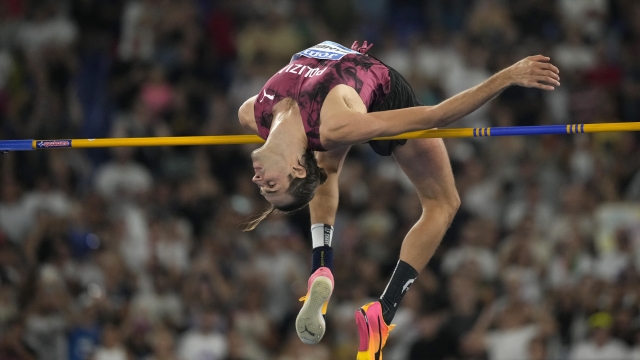 Gianmarco Tamberi, of Italy, makes an attempt in the men's high jump during the Diamond League Golden Gala Pietro Mennea athletics meet at the Stadio Olimpico in Rome, Friday, Aug. 30, 2024. (AP Photo/Andrew Medichini)