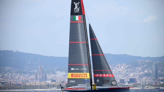 Italia's Luna Rossa Prada Pirelli competes on the third day of the 37th America's Cup-Luis Vuitton preliminary regatta, off the coast of Barcelona on August 31, 2024. (Photo by Josep LAGO / AFP)