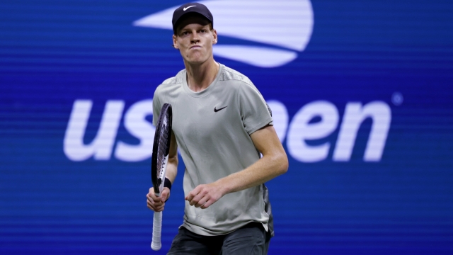 Jannik Sinner, of Italy, reacts after winning a point against Daniil Medvedev, of Russia, during the quarterfinals of the U.S. Open tennis championships, Wednesday, Sept. 4, 2024, in New York. (AP Photo/Adam Hunger)