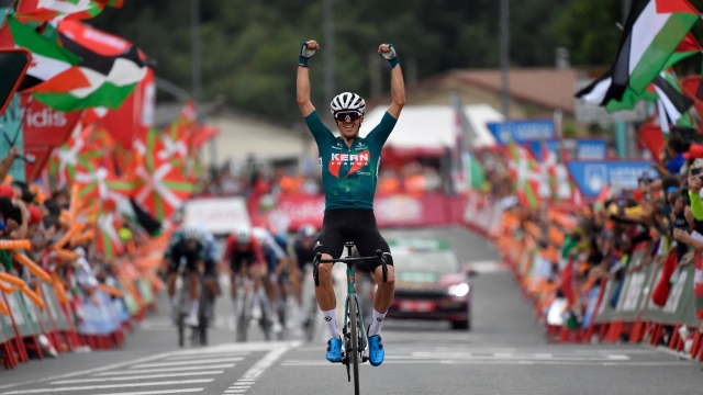 Team Kern Pharma's Urko Berrade celebrates after crossing the finish line of the stage 18 of the Vuelta a Espana, a 179,5 km race between Vitoria-Gasteiz and Maeztu, on September 5, 2024. (Photo by Ander Gillenea / AFP)