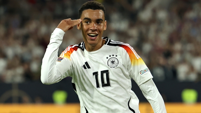 DUESSELDORF, GERMANY - SEPTEMBER 07: Jamal Musiala of Germany celebrates scoring his team's second goal during the UEFA Nations League 2024/25 League A Group A3 match between Germany and Hungary at Merkur Spiel-Arena on September 07, 2024 in Duesseldorf, Germany. (Photo by Christof Koepsel/Getty Images)