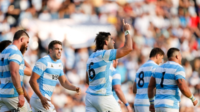 Argentina's Los Pumas flanker Pablo Matera (C) celebrates after scoring a try during the Rugby Championship match between Argentina and Australia at Brigadier General Estanislao Lopez Stadium in Santa Fe, Argentina on September 7, 2024. (Photo by GERONIMO URANGA / AFP)