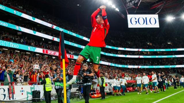 epa11593729 Cristiano Ronaldo of Portugal celebrates after scoring the 2-1 goal during the UEFA Nations League Group A soccer match between Portugal and Scotland in Lisbon, Portugal, 08 September 2024.  EPA/JOSE SENA GOULAO