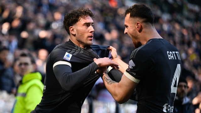 TURIN, ITALY - FEBRUARY 25: Dusan Vlahovic of Juventus celebrates after scoring his team's first goal with teammate Federico Gatti during the Serie A TIM match between Juventus and Frosinone Calcio at Allianz Stadium on February 25, 2024 in Turin, Italy. (Photo by Daniele Badolato - Juventus FC/Juventus FC via Getty Images)