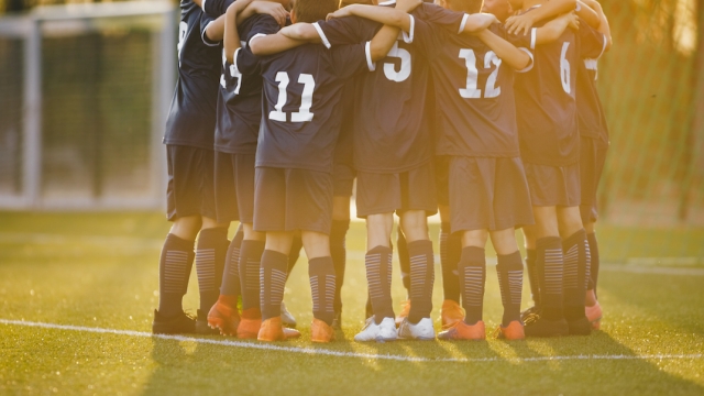 Group of children huddling with coach. Summer sunset at the stadium in the background. Youth soccer football team group photo. Happy boys soccer players kicking tournament. School boys in blue jerseys