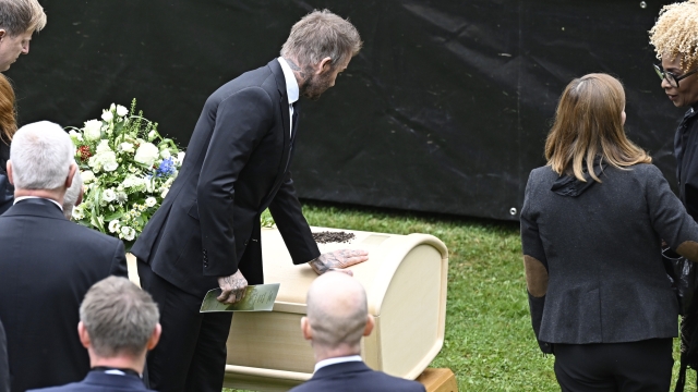 David Beckham at the homestead museum where the funeral service for soccer coach Sven-Göran Eriksson continues in Torsby, Sweden, Friday Sept. 13, 2024. (Tommy Pedersen/TT News Agency via AP)