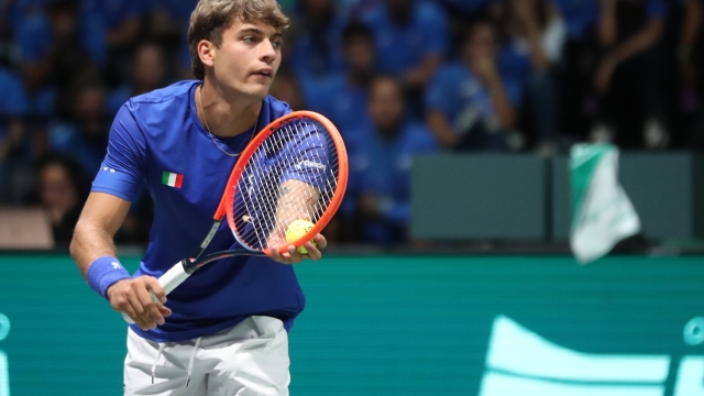 Flavio Cobolli during the tennis Davis Cup final 8 match between Flavio Cobolli (Italy) and Zizou Bergs (Belgium) at the Unipol arena, Casalecchio (Bologna), Bologna, northern Italy, Friday, September 13, 2024. Sport - Tennis - (Photo Michele Nucci - LaPresse)Flavio Cobolli during the tennis Davis Cup final 8 match between Flavio Cobolli (Italy) and Zizou Bergs (Belgium) at the Unipol arena, Casalecchio (Bologna), Bologna, northern Italy, Friday, September 13, 2024. Sport - Tennis - (Photo Michele Nucci - LaPresse)