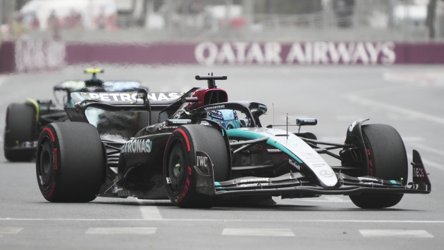 Mercedes driver George Russell of Britain in action during a Formula One Grand Prix practice in Baku, Azerbaijan, on Saturday, Sept. 14, 2024. (AP Photo/Sergei Grits)