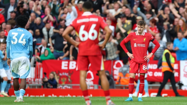 LIVERPOOL, ENGLAND - SEPTEMBER 14: Conor Bradley of Liverpool looks dejected following the team's defeat during the Premier League match between Liverpool FC and Nottingham Forest FC at Anfield on September 14, 2024 in Liverpool, England. (Photo by Carl Recine/Getty Images)