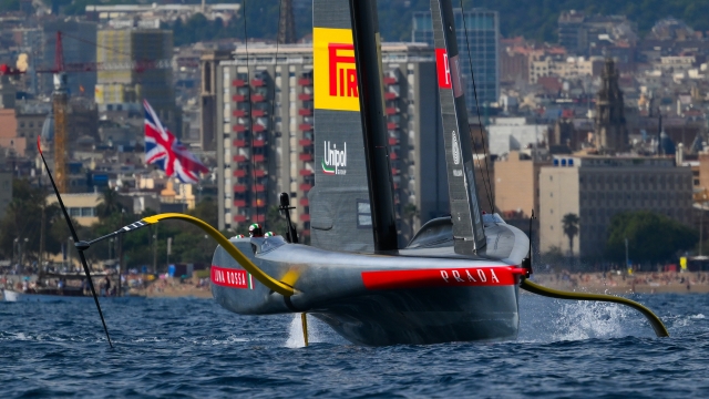 BARCELONA, SPAIN - SEPTEMBER 16: The AC75 Luna Rossa Prada Pirelli Team competes during the Louis Vuitton 37th America's Cup Semi Final Race 5 against the AC75 NYYC American Magic on September 16, 2024 in Barcelona, Spain. (Photo by David Ramos/Getty Images)