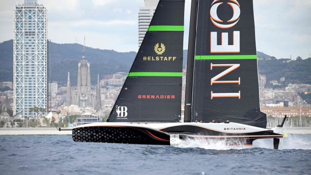 Britain's Ineos Britannia competes during the 37th America's Cup-Luis Vuitton semi-finals race, off the coast of Barcelona on September 18, 2024. (Photo by Josep LAGO / AFP)