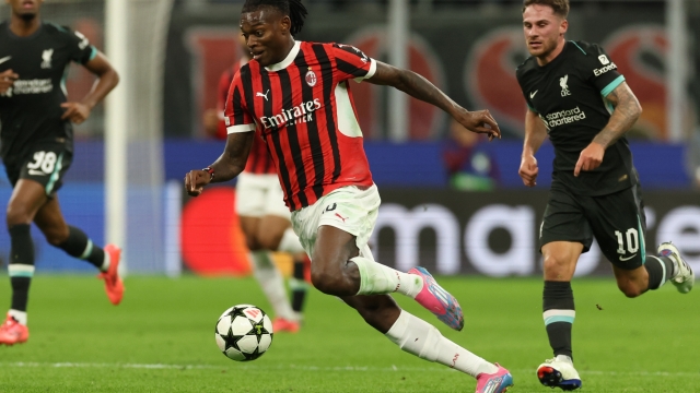 MILAN, ITALY - SEPTEMBER 17:  Rafael Leao of AC Milan in action during the UEFA Champions League 2024/25 League Phase MD1 match between AC Milan and Liverpool FC at Stadio San Siro on September 17, 2024 in Milan, Italy. (Photo by Claudio Villa/AC Milan via Getty Images)