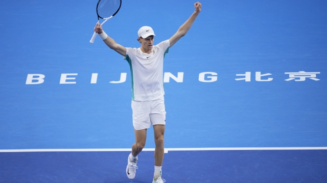 BEIJING, CHINA - OCTOBER 4: Winner Jannik Sinner of Italy celebrates a point during the Men's Singles Final match against Daniil Medvedev on day 9 of the 2023 China Open at National Tennis Center on October 4, 2023 in Beijing, China.  (Photo by Fred Lee/Getty Images)