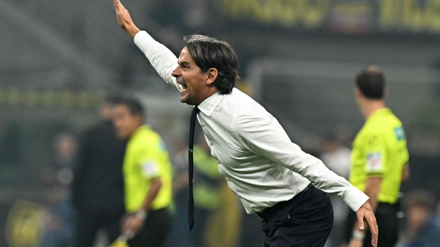 Inter Milan's Italian coach Simone Inzaghi reacts during the Italian Serie A football match between Inter and AC Milan at San Siro stadium in Milan, on September 22, 2024. (Photo by Gabriel BOUYS / AFP)