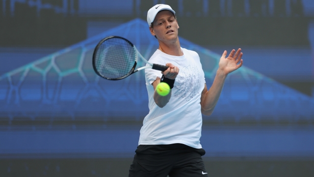 BEIJING, CHINA - SEPTEMBER 23: Jannik Sinner of Italy plays a backhand during a training session ahead of the 2024 China Open at National Tennis Center on September 23, 2024 in Beijing, China. (Photo by Lintao Zhang/Getty Images)