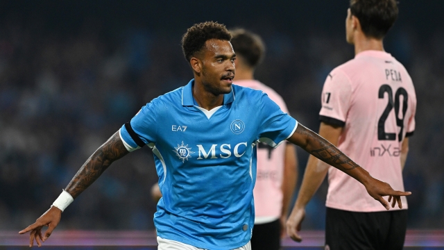 NAPLES, ITALY - SEPTEMBER 26: Cyril Ngonge of SSC Napoli celebrates after scoring his side first goal during the Coppa Italia match between SSC Napoli and Palermo at Stadio Diego Armando Maradona on September 26, 2024 in Naples, Italy. (Photo by Francesco Pecoraro/Getty Images)