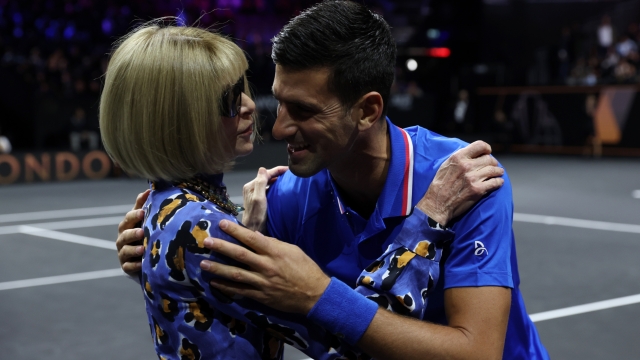 LONDON, ENGLAND - SEPTEMBER 24: Novak Djokovic of Team Europe greets Anna Wintour ahead of his match against Frances Tiafoe of Team World during Day Two of the Laver Cup at The O2 Arena on September 24, 2022 in London, England. (Photo by Clive Brunskill/Getty Images for Laver Cup)