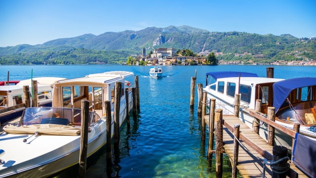 View of San Giulio island at Lake Orta, Piedmont, Italy