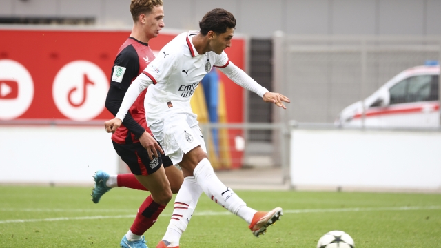 LEVERKUSEN, GERMANY - OCTOBER 01: Alessandro Bonomi of AC Milan U20 scores his team's first goal during the UEFA Youth League 2024/25 match between Bayer 04 Leverkusen and AC Milan at Ulrich Haberland Stadion on October 01, 2024 in Leverkusen, Germany. (Photo by Giuseppe Cottini/AC Milan via Getty Images)