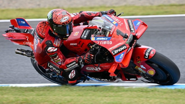 Ducati Lenovo Team rider Francesco Bagnaia of Italy rides his motorcycle during the MotoGP class practice session of MotoGP Japanese Grand Prix at the Mobility Resort Motegi in Motegi, Tochigi prefecture on October 4, 2024. (Photo by Toshifumi KITAMURA / AFP)