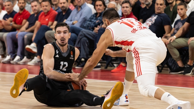 BELGRADE, SERBIA - OCTOBER 05: Nando De Colo, #12 of LDLC Asvel Villeurbanne in action against Branko Lazic, #10 of Crvena Zvezda Meridianbet Belgrade during the Turkish Airlines EuroLeague season 2023/2024 match between Crvena Zvezda Meridianbet Belgrade and LDLC Asvel Villeurbanne at Stark Arena on October 05, 2023 in Belgrade, Serbia. (Photo by Srdjan Stevanovic/Euroleague Basketball via Getty Images)