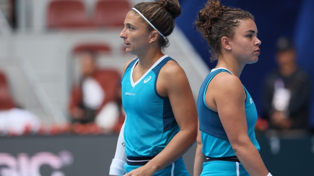 BEIJING, CHINA - OCTOBER 04: Sara Errani and Jasmine Paolini of Italy react during the Women's Doubles Quarterfinal match against Beatriz Haddad Maia of Brazil and Laura Siegemund of Germany on Day 12 of the China Open at National Tennis Center on October 04, 2024 in Beijing, China. (Photo by Emmanuel Wong/Getty Images)