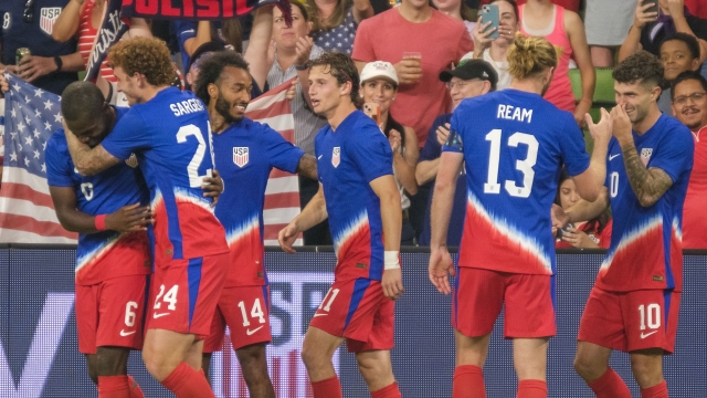 United States midfielder Yunus Musah (6), left, celebrates with forward Josh Sargent (24) and teammates after scoring against Panama during the second half of an international friendly soccer match, Saturday, Oct. 12, 2024, in Austin, Texas. (AP Photo/Rodolfo Gonzalez)