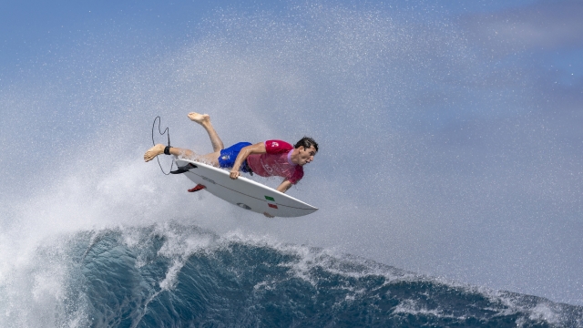 TEAHUPO'O, FRENCH POLYNESIA - JULY 28: Leonardo Fioravanti of Team Italy exits a wave during round two of surfing on day two of the Olympic Games Paris 2024 on July 28, 2024 in Teahupo'o, French Polynesia. (Photo by Ed Sloane/Getty Images)