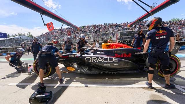 Red Bull Racing's Dutch driver Max Verstappen makes a pit stop during the first practice session for the 2024 Canada Formula One Grand Prix at Circuit Gilles-Villeneuve in Montreal, Canada, on June 7, 2024. (Photo by Geoff Robins / AFP)