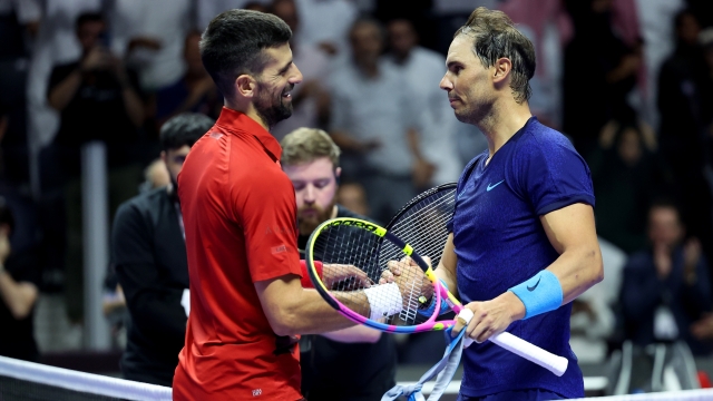 RIYADH, SAUDI ARABIA - OCTOBER 19: Novak Djokovic of Serbia (left) shakes hands with Rafael Nadal of Spain after defeating him to win the Men's Singles Third Place Playoff match on day three of the Six Kings Slam 2024 at Kingdom Arena on October 19, 2024 in Riyadh, Saudi Arabia. (Photo by Richard Pelham/Getty Images)