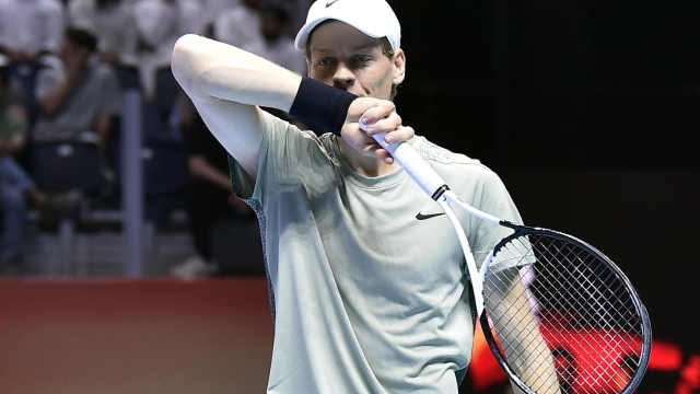 epa11669472 Jannik Sinner of Italy during his final match against Carlos Alcaraz of Spain at the Six Kings Slam exhibition tennis tournament in Riyadh, Saudi Arabia, 19 October 2024.  EPA/STR