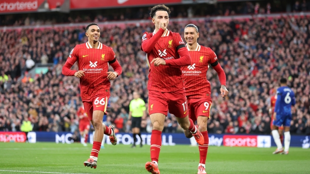 LIVERPOOL, ENGLAND - OCTOBER 20: Curtis Jones of Liverpool celebrates scoring his team's second goal during the Premier League match between Liverpool FC and Chelsea FC at Anfield on October 20, 2024 in Liverpool, England. (Photo by Carl Recine/Getty Images)