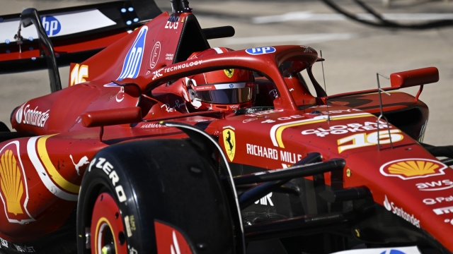 Ferrari driver Charles Leclerc, of Monaco, exits pit row during the F1 U.S. Grand Prix auto race at the Circuit of the Americas, Sunday, Oct. 20, 2024, in Austin, Texas. (Patrick Fallon/Pool Photo via AP)