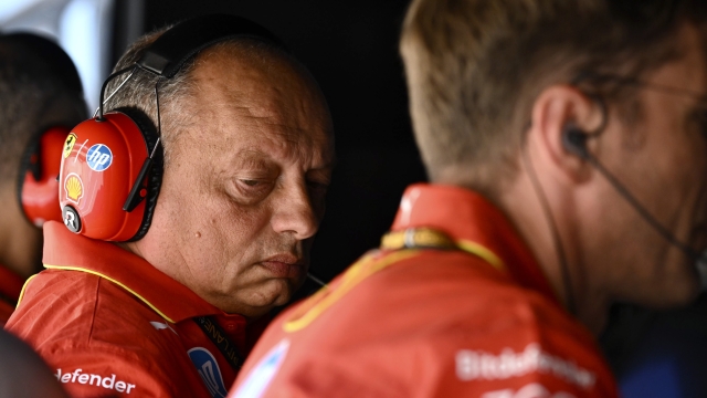 Ferrari team principal Fred Vasseur oversees the operation for his team during the F1 U.S. Grand Prix auto race at the Circuit of the Americas, Sunday, Oct. 20, 2024, in Austin, Texas. (Patrick Fallon/Pool Photo via AP)