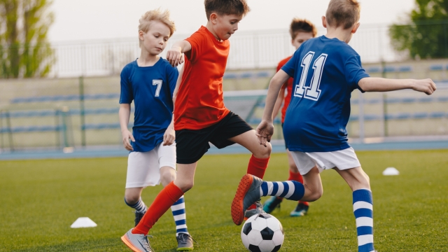 Young Football Players Kicking Ball on Soccer Field. Soccer Horizontal Background. Youth Junior Athletes in Red and Blue Soccer Shirts