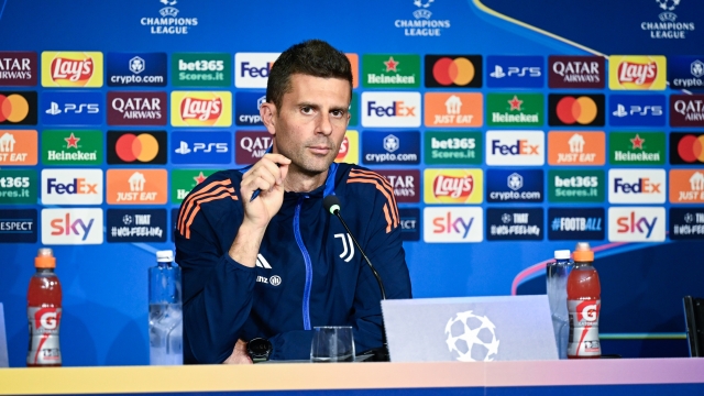 TURIN, ITALY - OCTOBER 21: Thiago Motta of Juventus during the press conference during the UEFA Champions League 2024/25 League Phase MD3 at Juventus Stadium on October 21, 2024 in Turin, Italy. (Photo by Daniele Badolato - Juventus FC/Juventus FC via Getty Images)