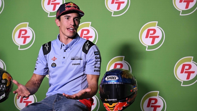 Gresini Racing's Spanish rider Marc Marquez takes part in a press conference ahead of the MotoGP Thailand Grand Prix at the Buriram International Circuit in Buriram on October 24, 2024. (Photo by Lillian SUWANRUMPHA / AFP)