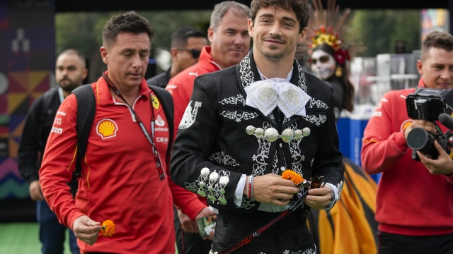 Ferrari driver Charles Leclerc of Monaco, dressed as a \"mariachi\" arrives to the Hermanos Rodriguez racetrack ahead of the Formula One Mexico Grand Prix auto race in Mexico City, Thursday, Oct. 24, 2024. (AP Photo/Moises Castillo)    Associated Press / LaPresse Only italy and Spain