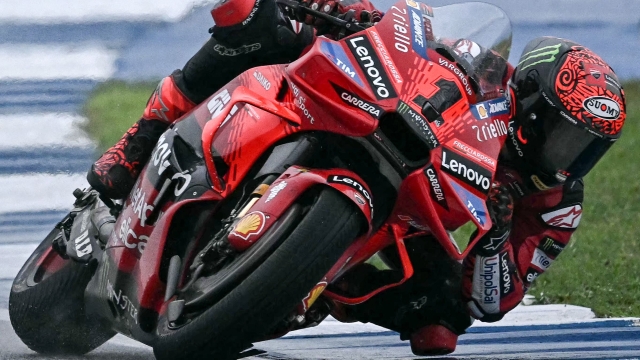 Ducati Lenovo Team's Italian rider Francesco Bagnaia rides during the MotoGP Thailand Grand Prix at the Buriram International Circuit in Buriram on October 27, 2024. (Photo by Lillian SUWANRUMPHA / AFP)