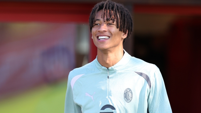 CAIRATE, ITALY - SEPTEMBER 29: Kevin Zeroli of AC Milan smiles during AC Milan training session at Milanello on September 29, 2024 in Cairate, Italy. (Photo by Claudio Villa/AC Milan via Getty Images)