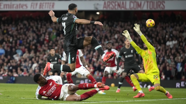 Liverpool's Mohamed Salah makes an attempt to score during the English Premier League soccer match between Arsenal and Liverpool, at Emirates Stadium in London, England, Sunday, Oct. 27, 2024. (AP Photo/Alastair Grant)