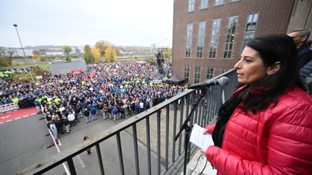 epa11688693 Daniela Cavallo, Chairwoman of the General and Group Works Council of Volkswagen AG participates in an informational event organized by the General Works Council of Volkswagen AG at the company's main plant in Wolfsburg, Germany, 28 October 204. The event will address topics such as wage reductions, possible plant shutdowns, and workforce layoffs.  EPA/JULIAN STRATENSCHULT / POOL