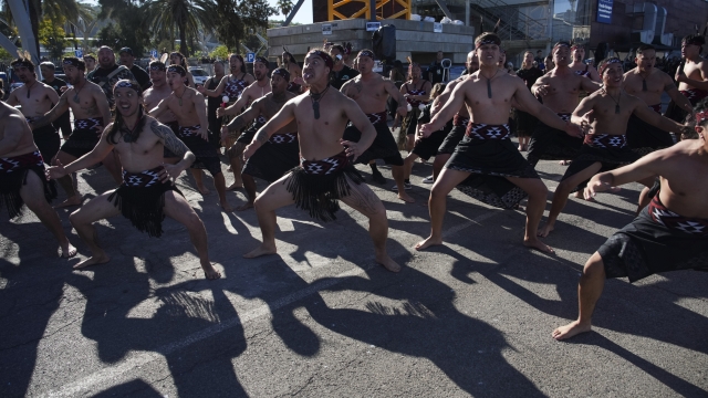 Maoris perform a traditional Haka dance after Emirates Team New Zealand c won the Louis Vuitton 37th America's Cup in Barcelona, Spain, on Saturday, Oct. 19, 2024. (AP Photo/Emilio Morenatti)