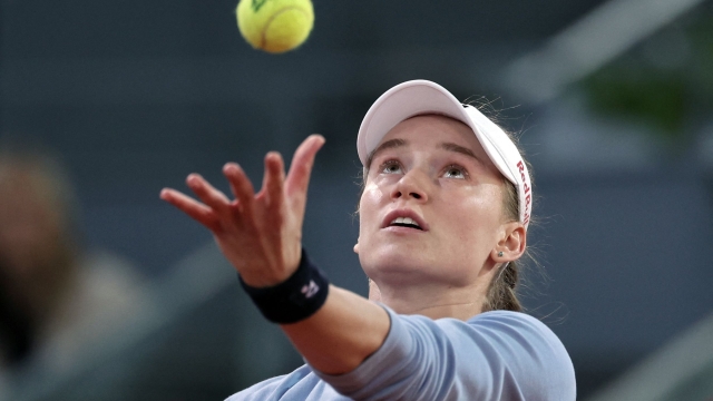 Kazakhstan's Elena Rybakina serves the ball to Belarus' Aryna Sabalenka during the 2024 WTA Tour Madrid Open tournament semifinal tennis match at Caja Magica in Madrid on May 2, 2024. (Photo by Thomas COEX / AFP)