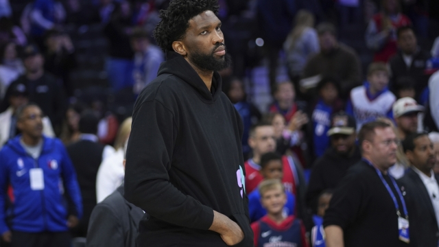 Philadelphia 76ers' Joel Embiid looks over the court after an NBA basketball game against the Memphis Grizzlies, Saturday, Nov. 2, 2024, in Philadelphia. (AP Photo/Matt Slocum)