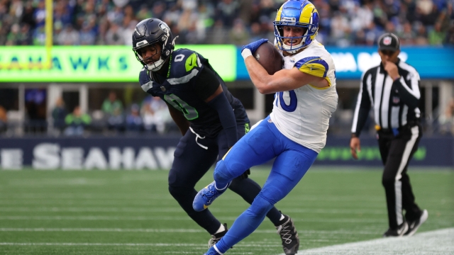 SEATTLE, WASHINGTON - NOVEMBER 03: Cooper Kupp #10 of the Los Angeles Rams is pushed out of bounds by Tyrel Dodson #0 of the Seattle Seahawks during the third quarter at Lumen Field on November 03, 2024 in Seattle, Washington.   Steph Chambers/Getty Images/AFP (Photo by Steph Chambers / GETTY IMAGES NORTH AMERICA / Getty Images via AFP)