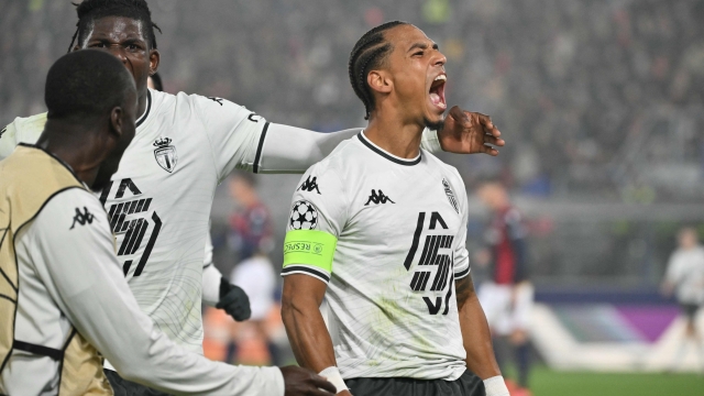 Monaco's German defender #05 Thilo Kehrer celebrates scoring his team's first goal during the Champions League football match between Bologna FC and AS Monaco at the Renato Dall'Ara stadium in Bologna on  November 5, 2024. (Photo by Alberto PIZZOLI / AFP)